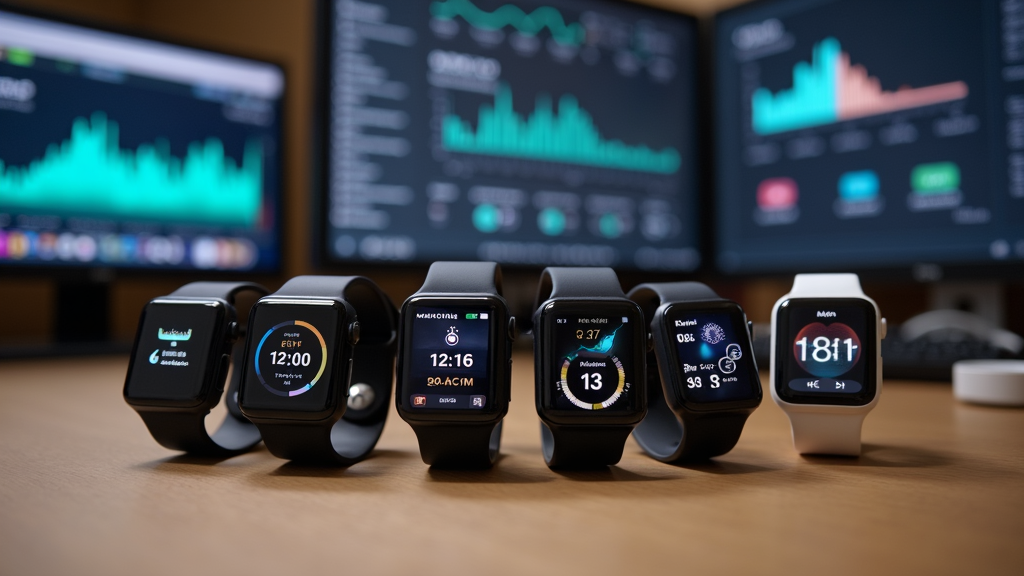 A collection of different smartwatches on a table, screens displaying various health metrics. 