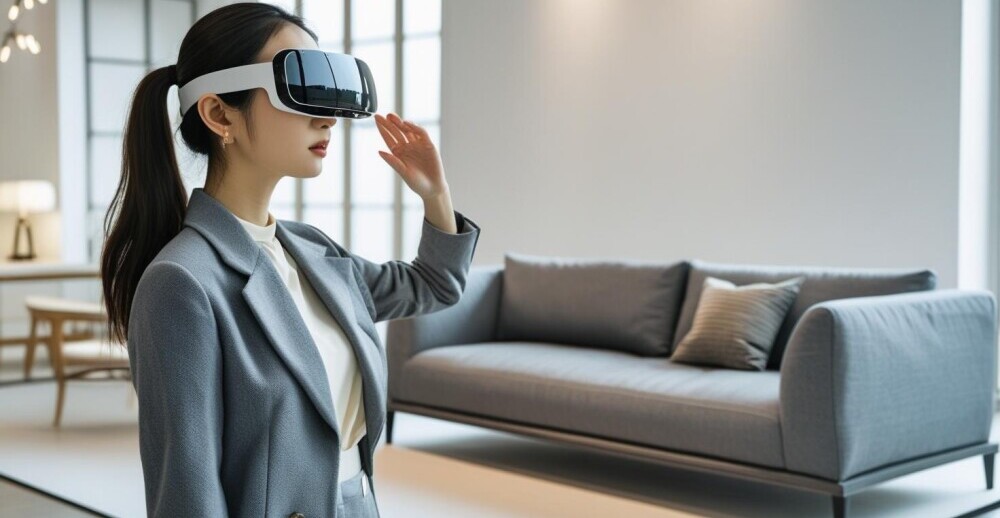 lady viewing a couch in her home before buying with ar headset