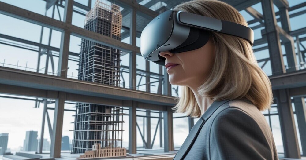 Lady viewing building before constructing using ar headset
