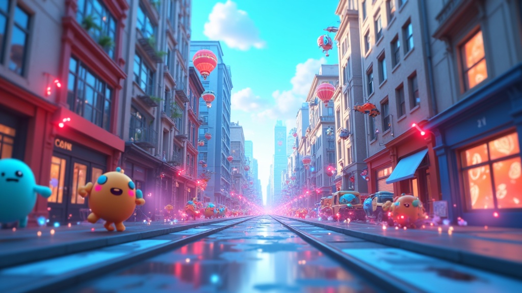 Abstract concept art of a smartphone integrating virtual game elements onto a real-world cityscape background