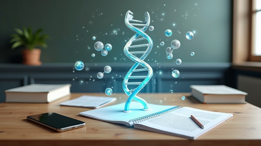An augmented reality view of a DNA double helix floating over a table surrounded by science books and a smartphone