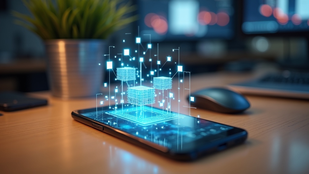 Modern smartphone showing augmented reality with floating digital objects on a desk beside real items.